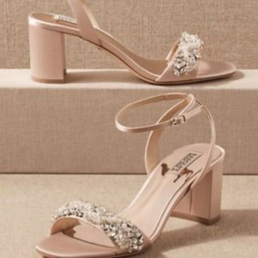 Badgley Mischka Size 7 Clara Pink Blush Jeweled Dress Sandals Block Heels Shoes